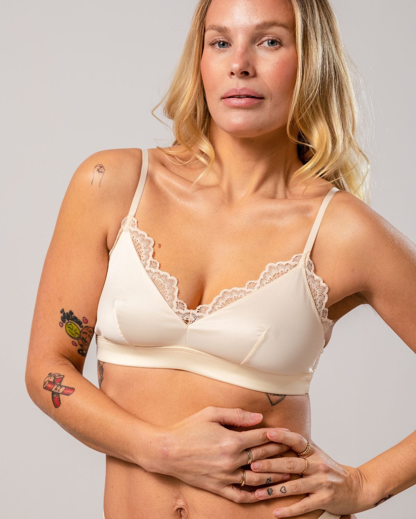 We Are We Wear lace trim satin triangle bralette with logo