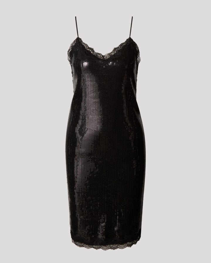 Sequin Mesh Slip Dress Black