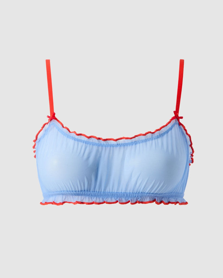 Mesh Ruffle Scoop Bralette Light Blue/Fiery Red