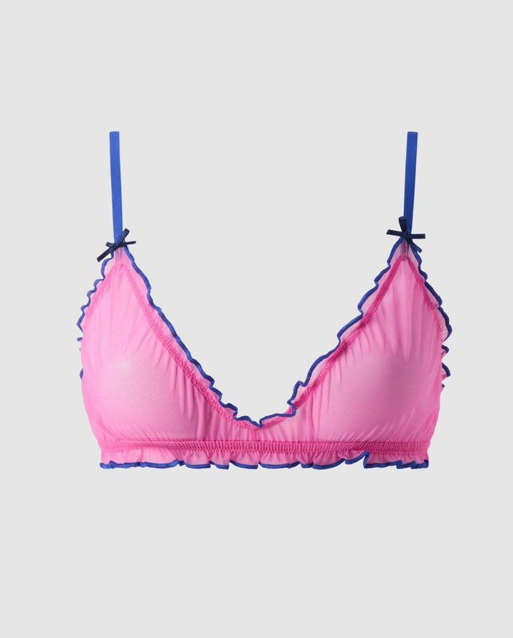 Mesh Ruffle Triangle Bralette Candy Pink/Electric Blue