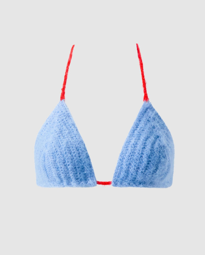 Knitted Triangle Bralette Light Blue/Fiery Red