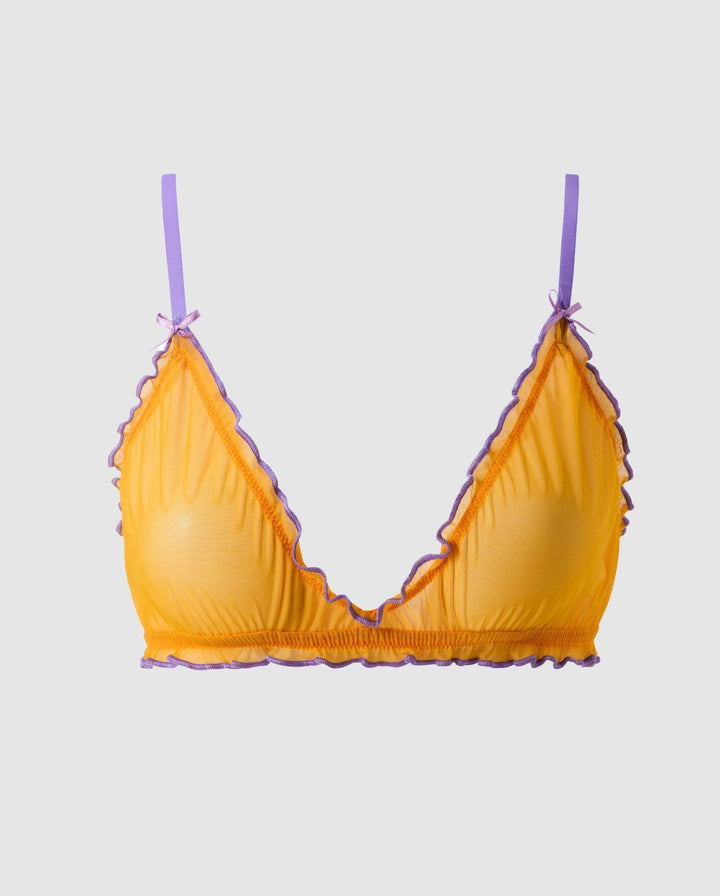 Mesh Ruffle Triangle Bralette Mustard/Electric Lilac