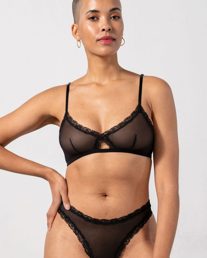 Mesh Lace Cut-Out Triangle Bralette Black