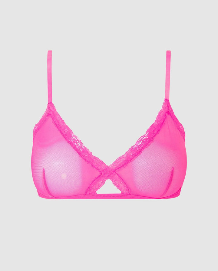 Mesh Lace Cut-Out Triangle Bralette Neon Pink