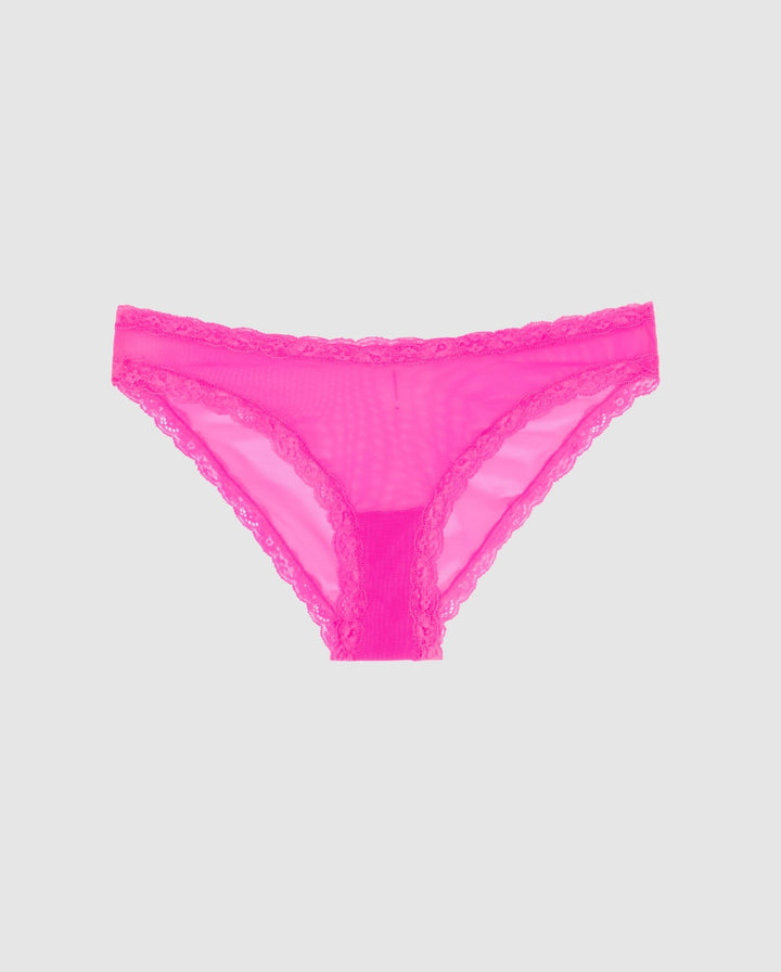 Mesh Lace Trim Bikini Briefs Neon Pink