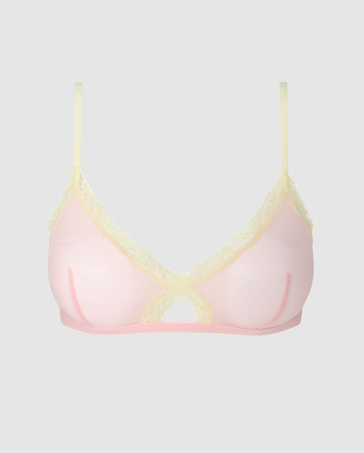 Mesh Lace Cut-Out Triangle Bralette Powder Pink/Light Yellow