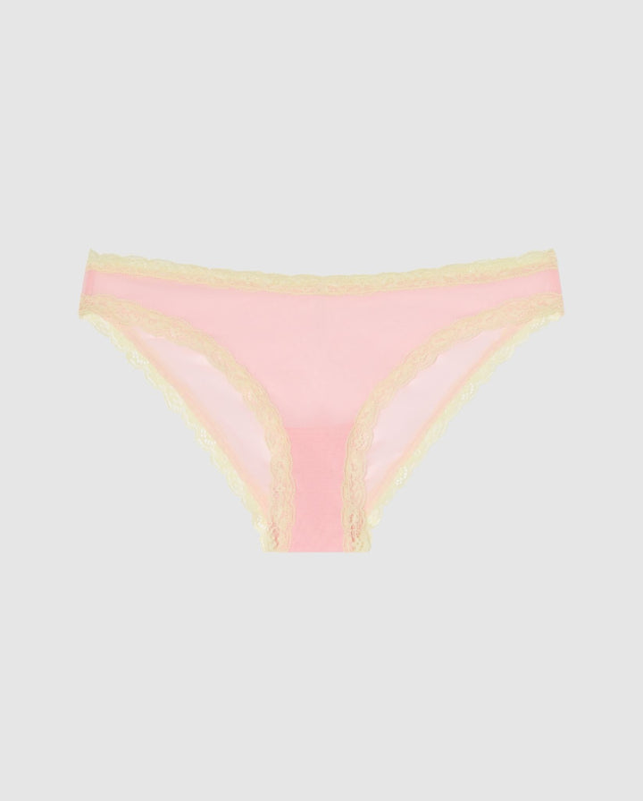 Mesh Lace Trim Bikini Briefs Powder Pink/Light Yellow