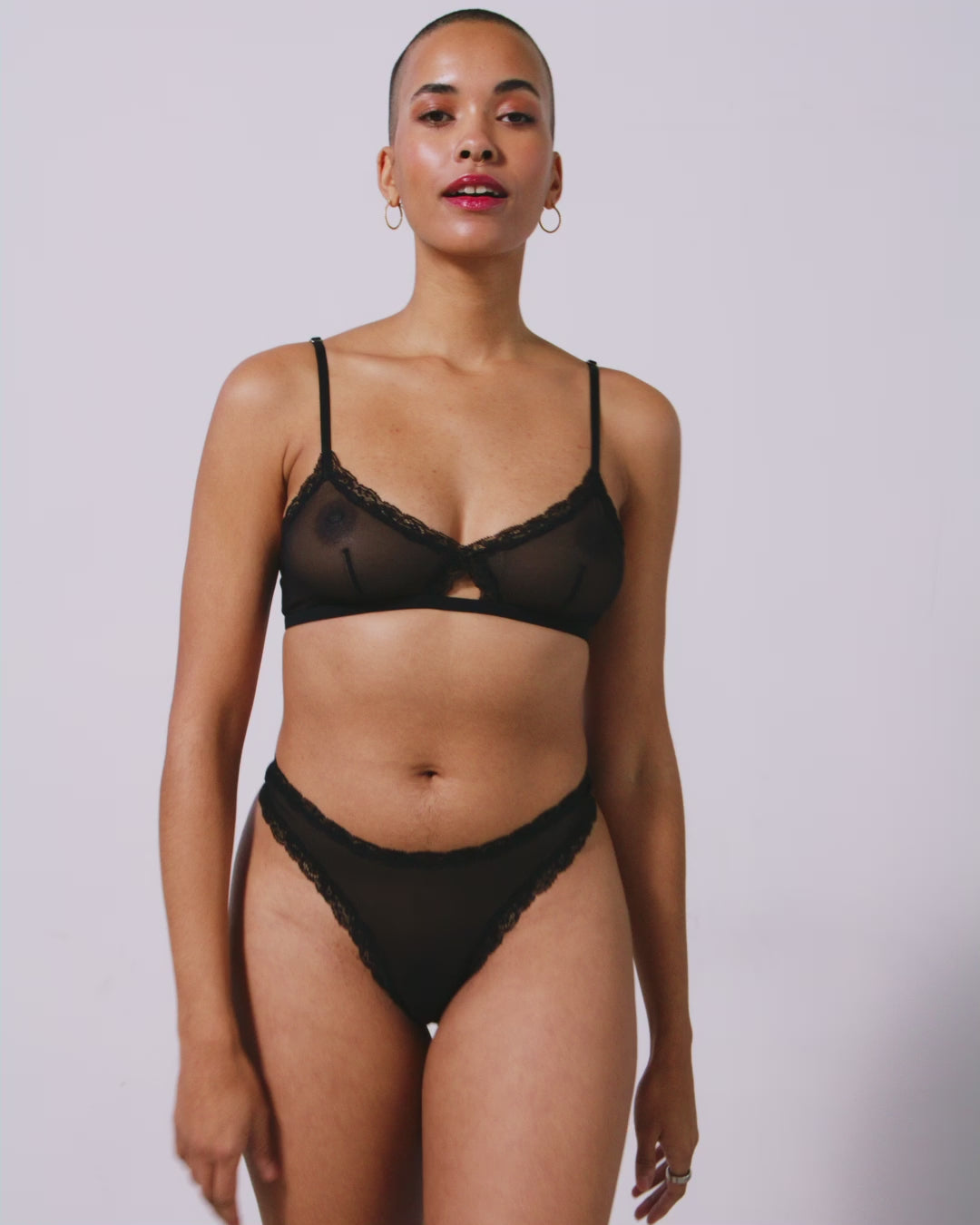 Mesh Lace Trim Triangle Bralette Black