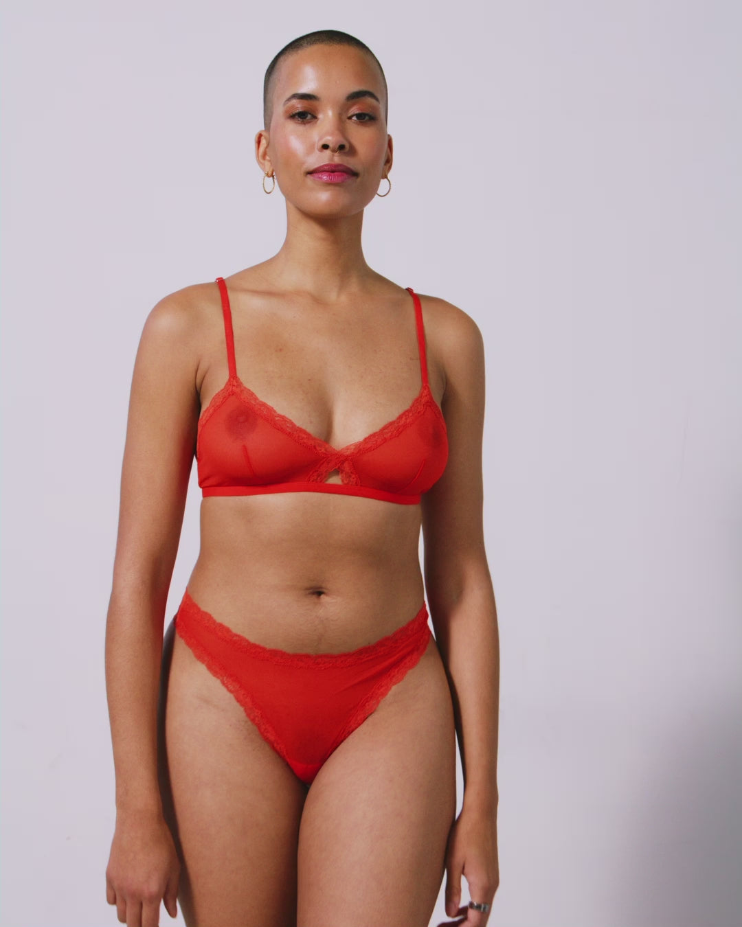 Mesh Lace Trim Triangle Bralette Fiery Red